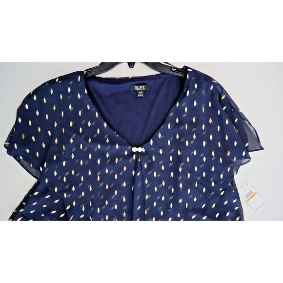 SLNY Women's Sz 16W Navy Gold Printed Flutter Knee Length Shift Party Dress $129 - Picture 3 of 13